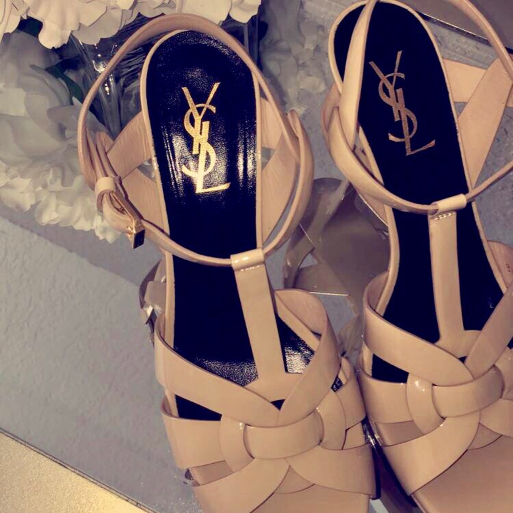 YSL Tribute Kitten Heel Patent Leather in Nude